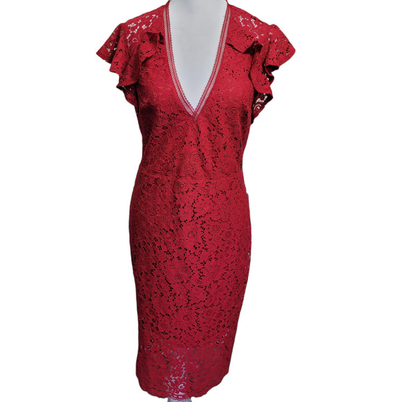 EXPRESS Red Lace Party Dress with Flutter Sleeves Sz. 4 - Picture 1 of 9